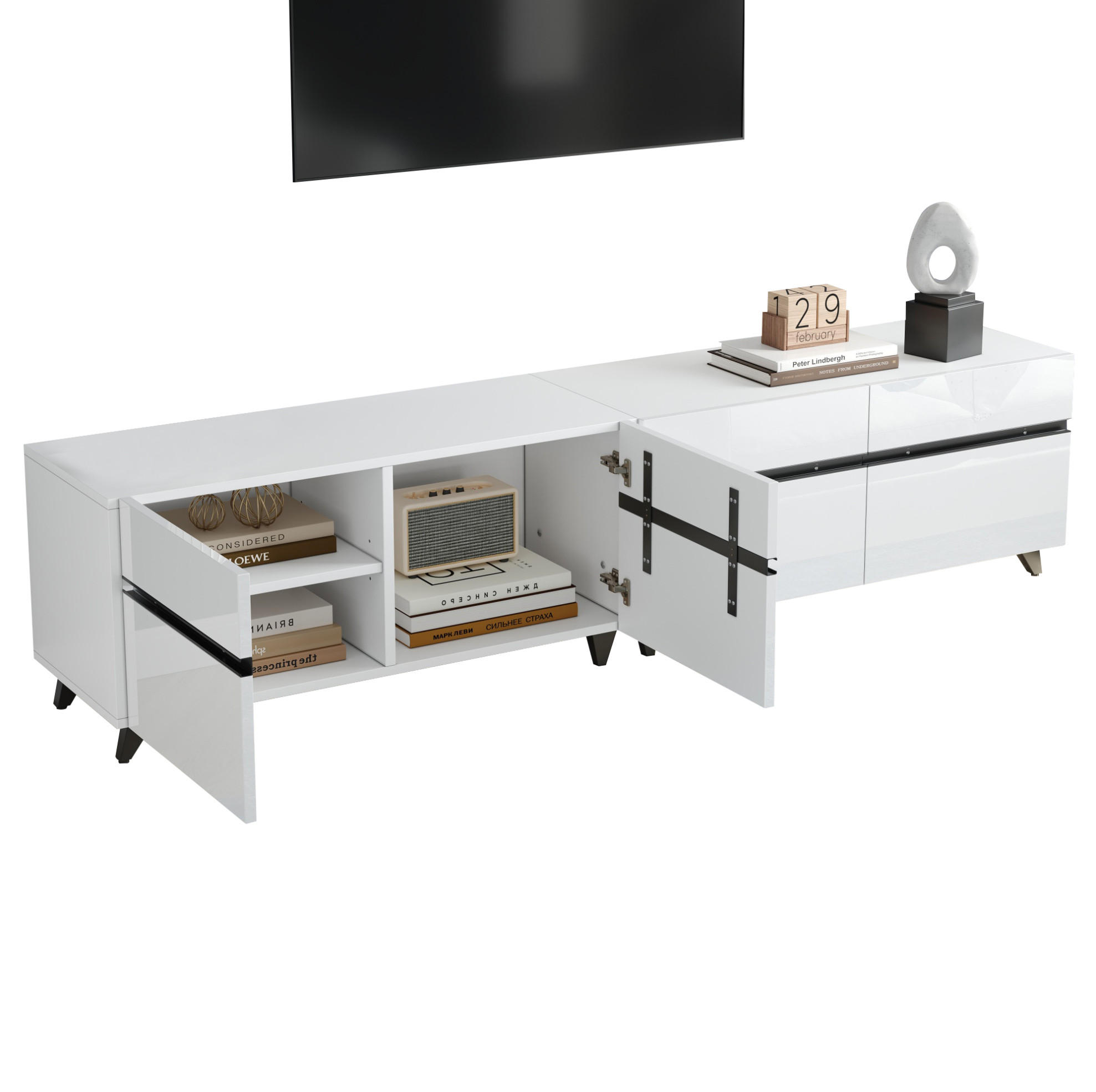 Redom TV stolek 180/40/49 cm s vysokým leskem, 4 skříňkami, nastavitelnými přepážkami a 8 nohami, Bílá