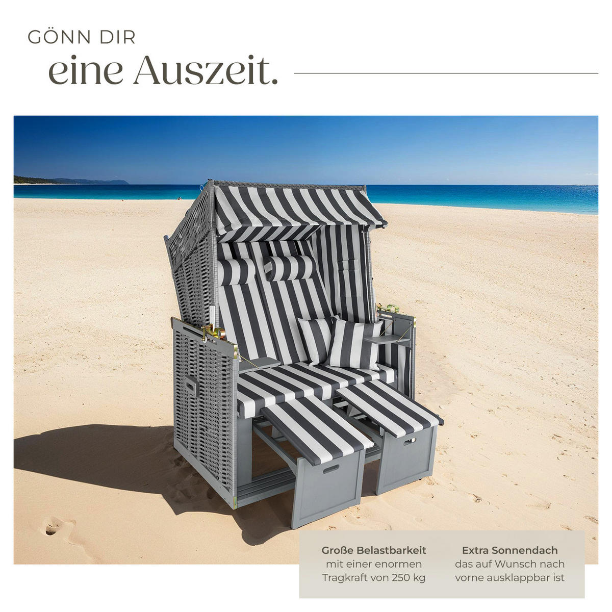 STRANDKORB Sylt,115 x 158 x 78 cm,grau/weiß - Weiß/Grau, Holz (78/158/115cm) - tectake