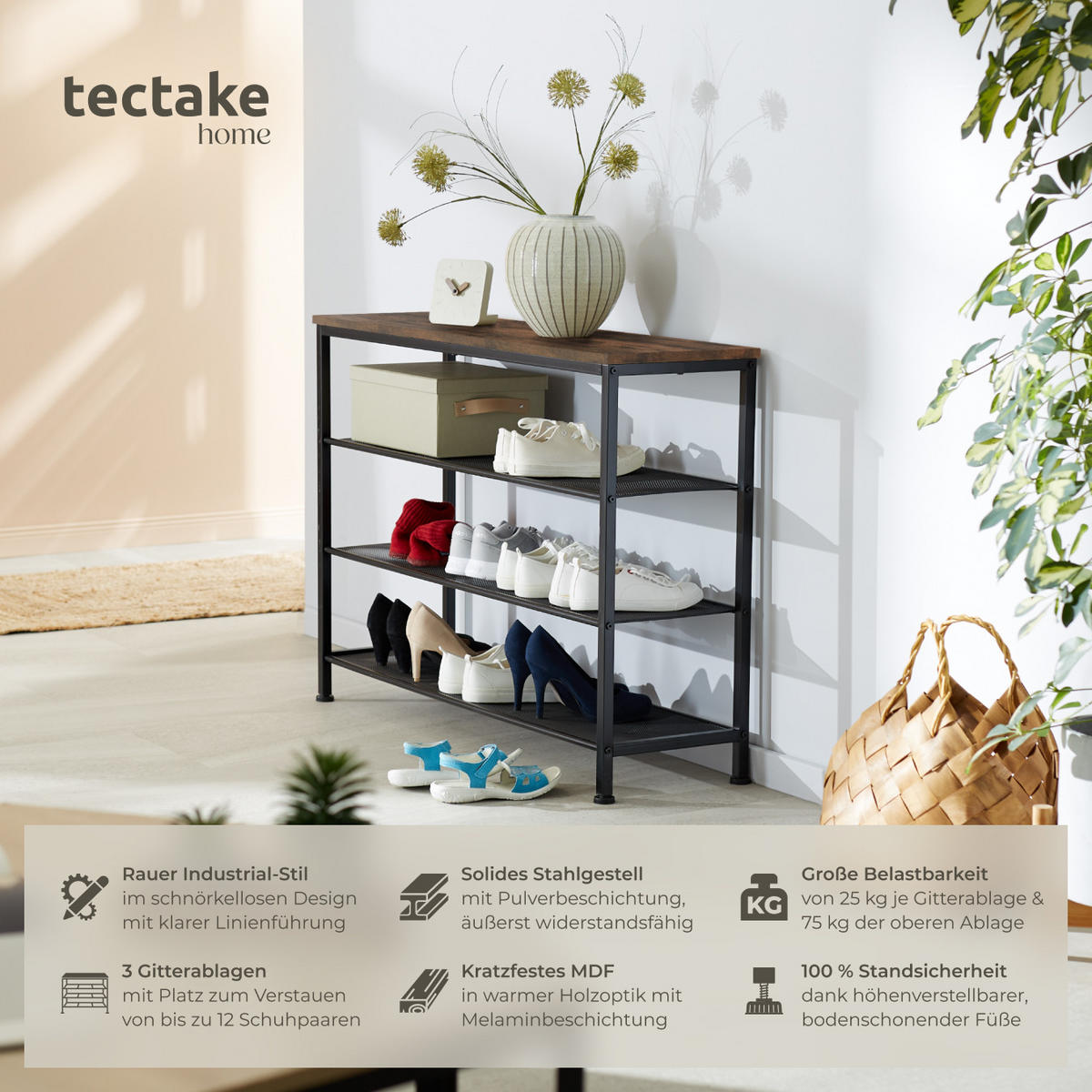 SCHUHREGAL Portsmouth,100 x 30,5 x 72,5 cm,Industrial Holz dunkel, rustikal - Rostfarben, Metall (30.5/72.5/100cm) - tectake