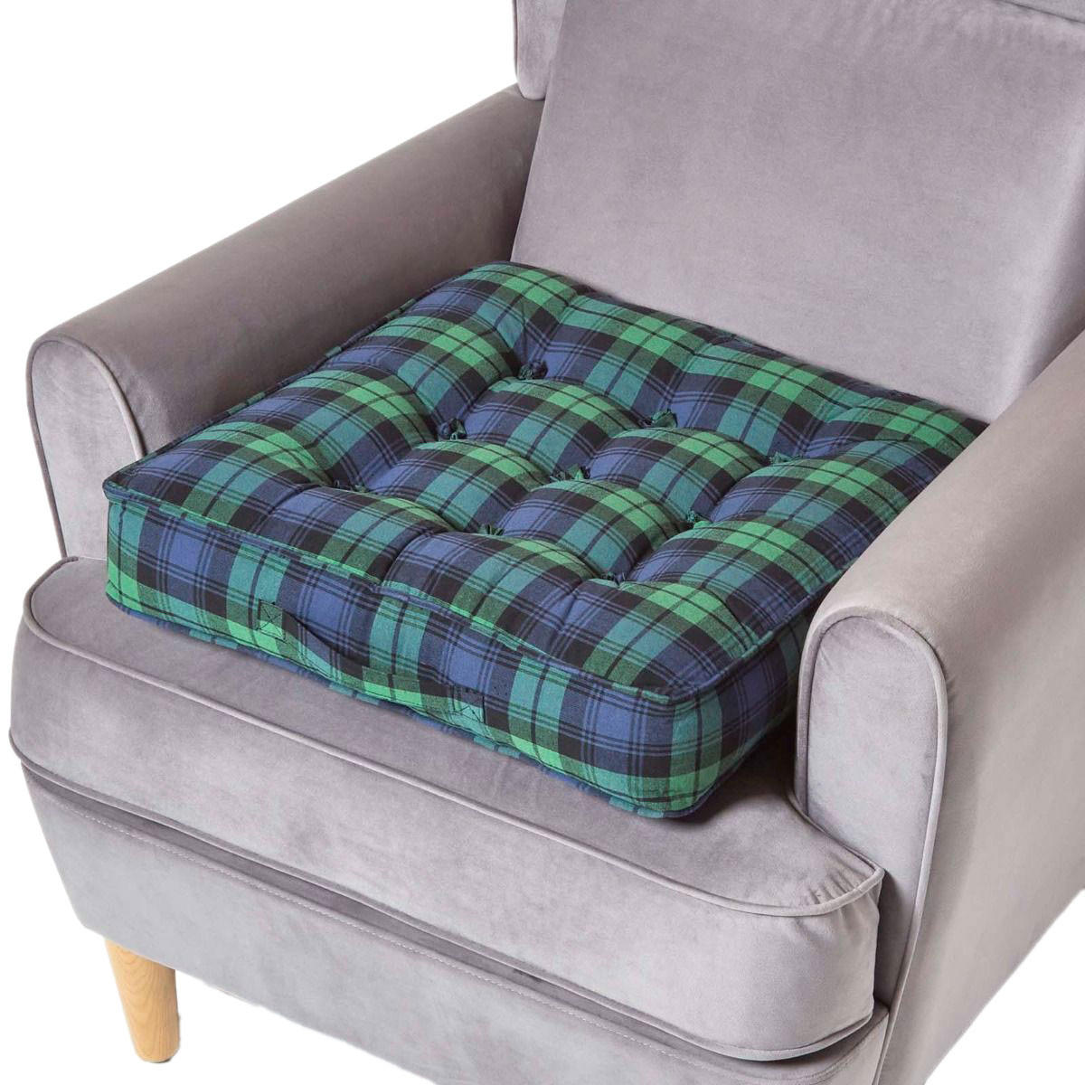 SITZKISSEN blau-grün kariert 50/50/10 cm – Sesselkissen Baumwolle - Blau, Textil (50/50/10cm) - Homescapes