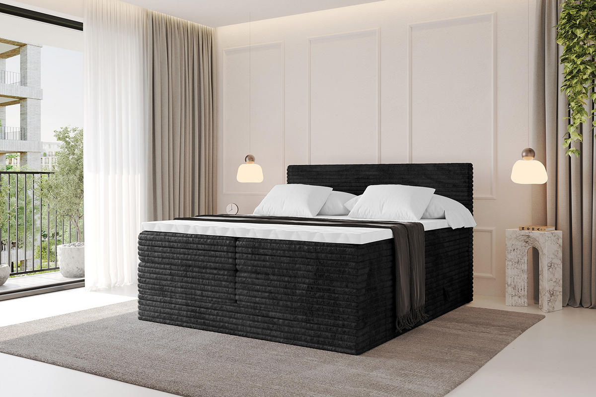 BOXSPRINGBETT mit Matratze H3|H4 und Lattenrost - TOLO KING-v1 120x200 Cord - Schwarz - Schwarz, Holzwerkstoff (120/200cm)