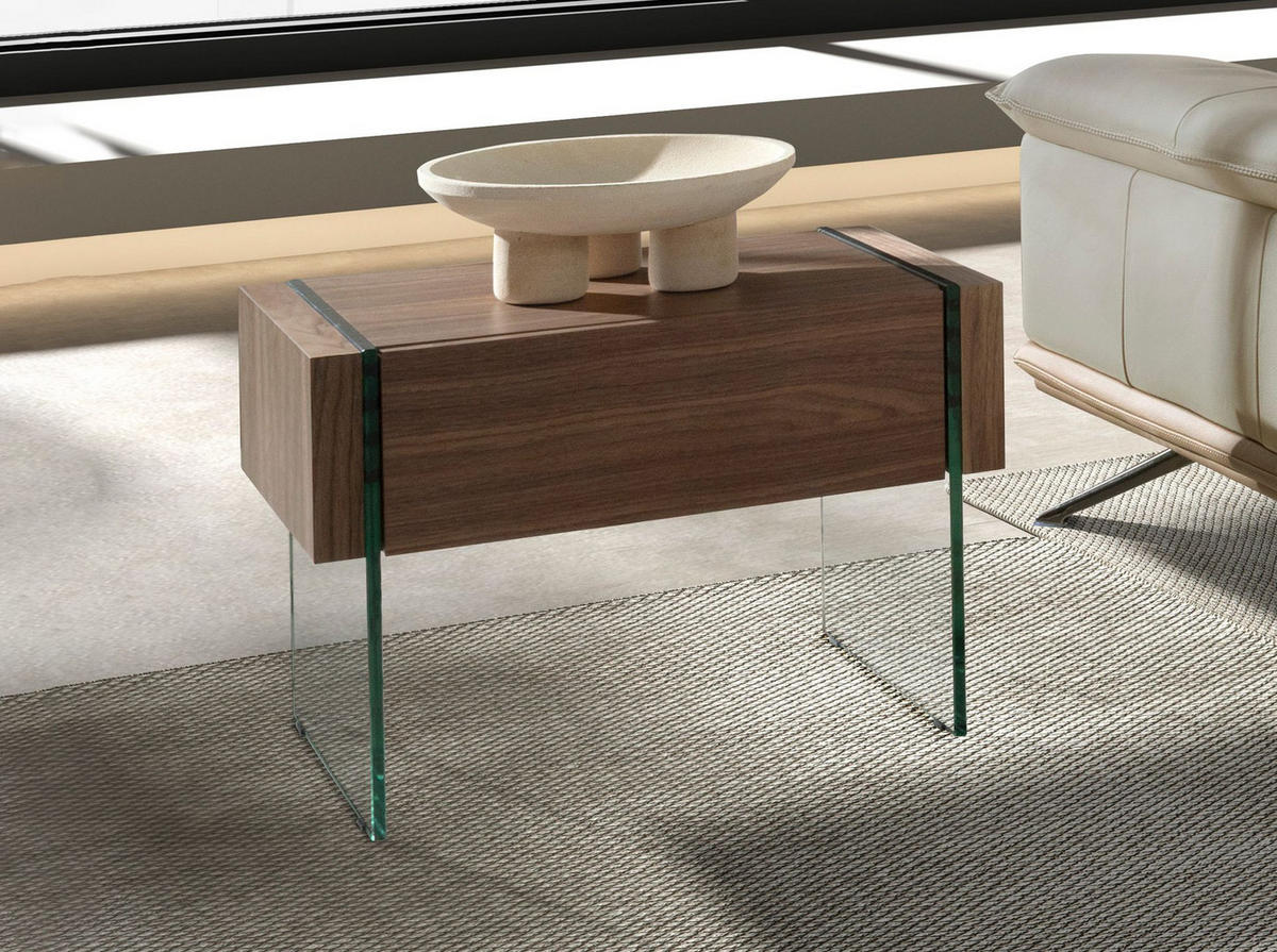 NACHTSCHRANK Nachttisch aus Nussbaum und gehärtetem Glas 58/39/43 cm - Transparent/Nussbaumfarben, Glas/Holz (58/43/39cm) - ANGEL CERDA