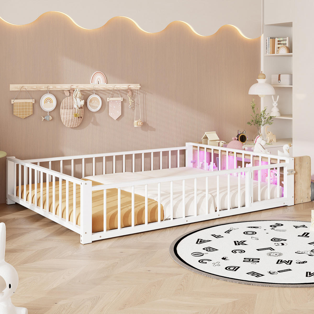 KINDERBETT 140/200 cm mit Schutzgeländer, offenem Staufach und LED-Beleuchtung, Weiß - Weiß, Holzwerkstoff (140/200cm) - Redom