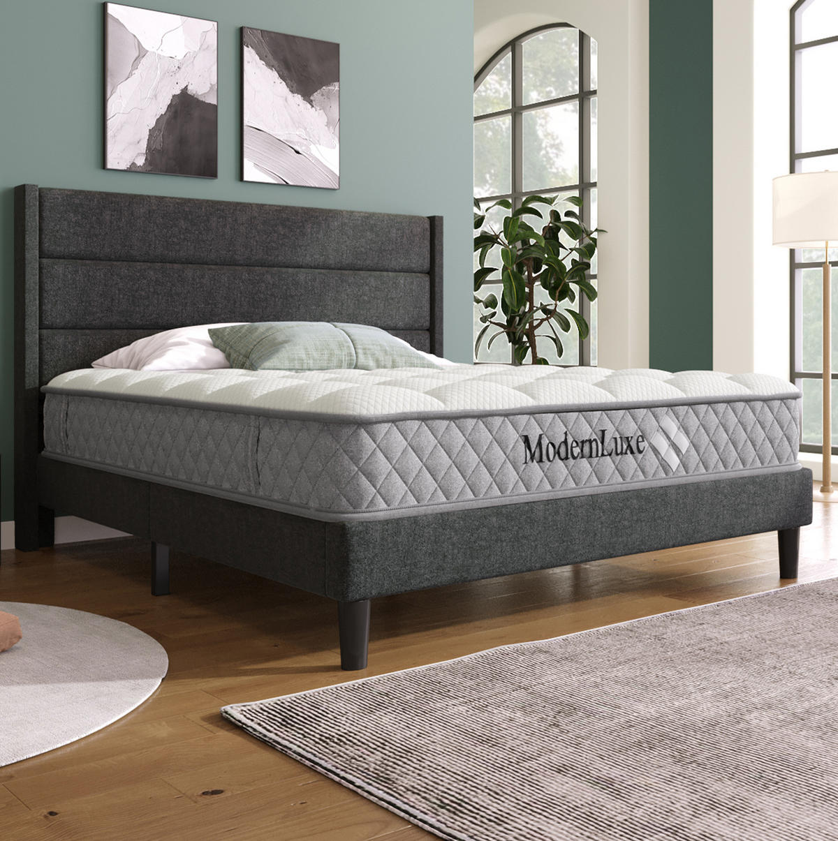 POLNJENA postelja iz lanu 140x200 cm temno siva z vzglavjem, letvenim dnom in 7-consko vzmetnico H3 - temno siva, tekstil (140/200cm) - Modfu