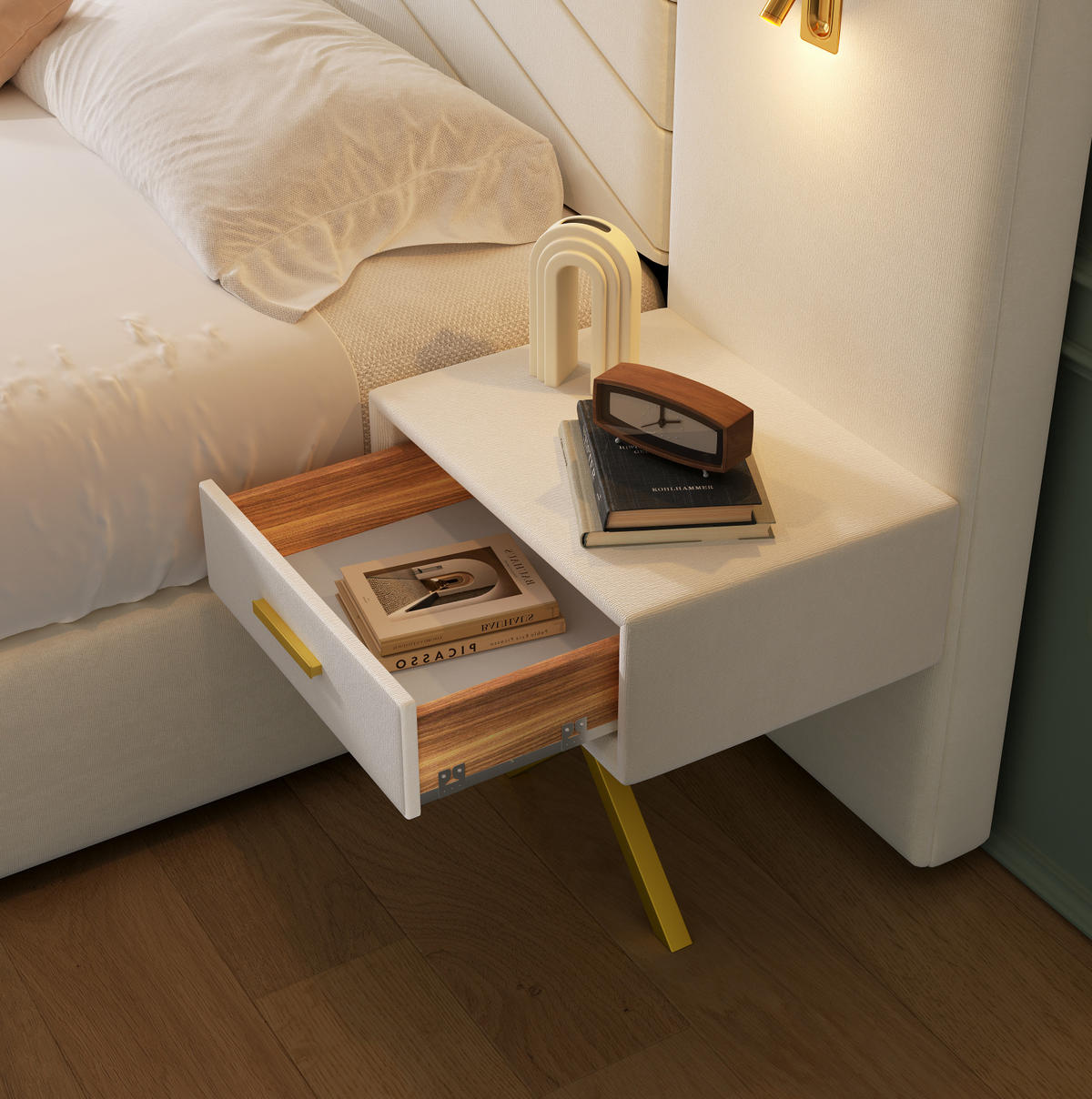 BETT mit Bettkasten und 2 Nachttischen 266 x 205 x 117 cm Beige-Weiß - Beige, Holzwerkstoff (160/200cm) - Beauniv