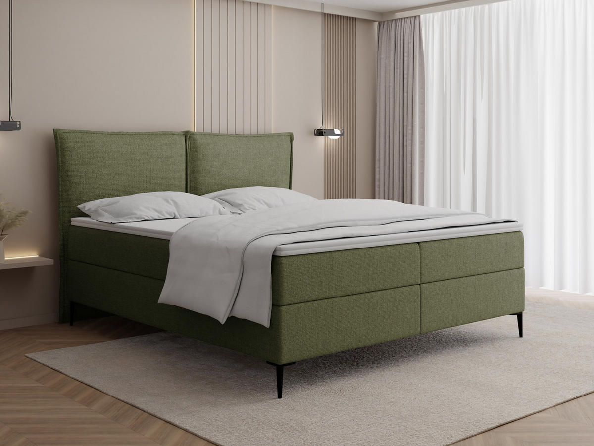BOXBETT Calio Rise mit Bettkasten, Grün Chenille 120x200 cm – inkl. H4 Taschenfederkern Matratze & Foam Topper - Creme/Schwarz, Holz/Holzwerkstoff (120/200cm) - WFL GROUP