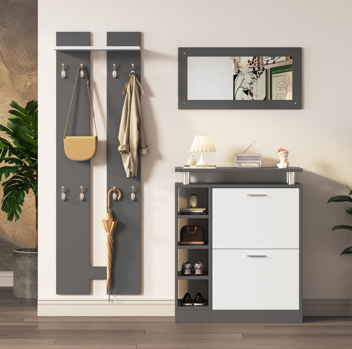 GARDEROBENSET mit Spiegel 80 x 25 x 96,5 cm Grau 4-tlg. - Grau, Holz (25/96.5/80cm) - Beauniv