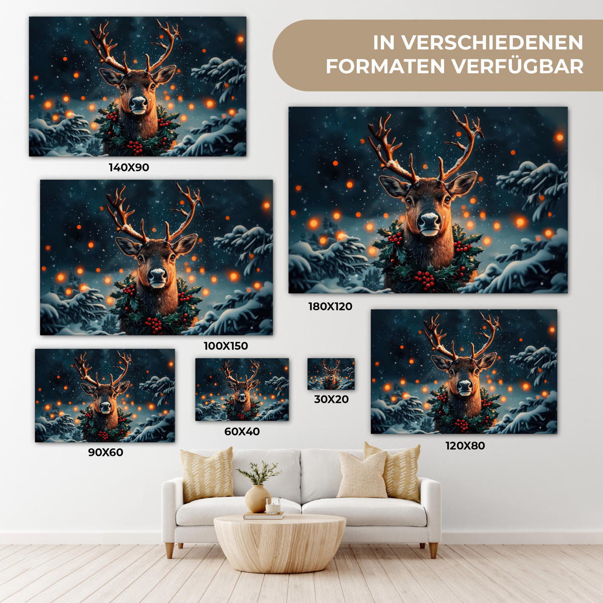 LEINWANDBILD Hirsch - Weihnachten - Winter - Schnee - Weihnachtskranz XXL 150x100 cm - Dunkelbraun, Textil (150/100cm) - MuchoWow