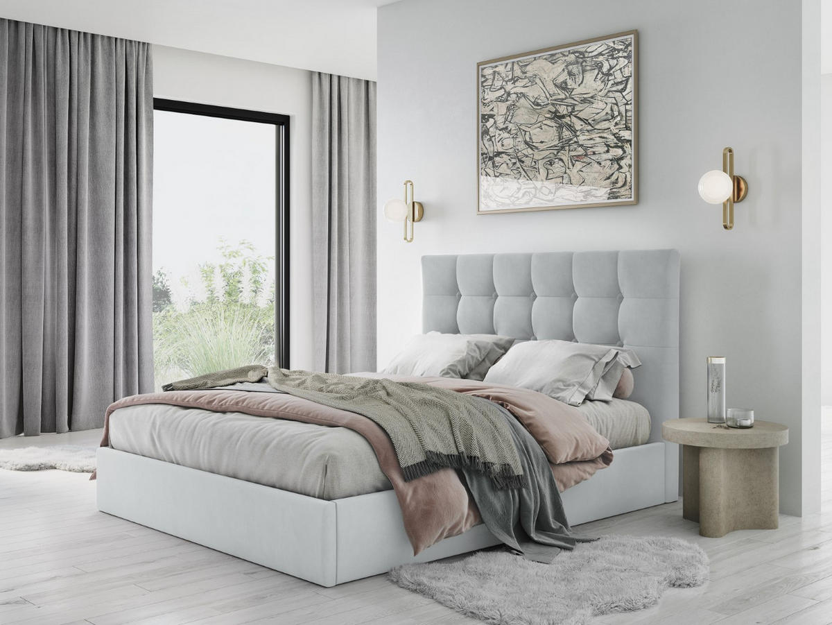 BETT mit Bettkasten und Kopfteil Phaedra aus Samt hellgrau 140x200cm - Hellgrau, Textil (140/200cm) - Micadoni