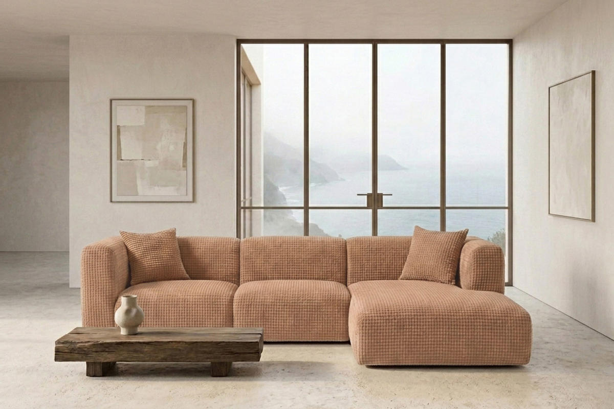 ECKSOFA L-Form, Chenille-Stoff Cremona, Hellbraun, Rechts, GRETA - Hellbraun, Holz (318/179cm) - Kaiser Möbel