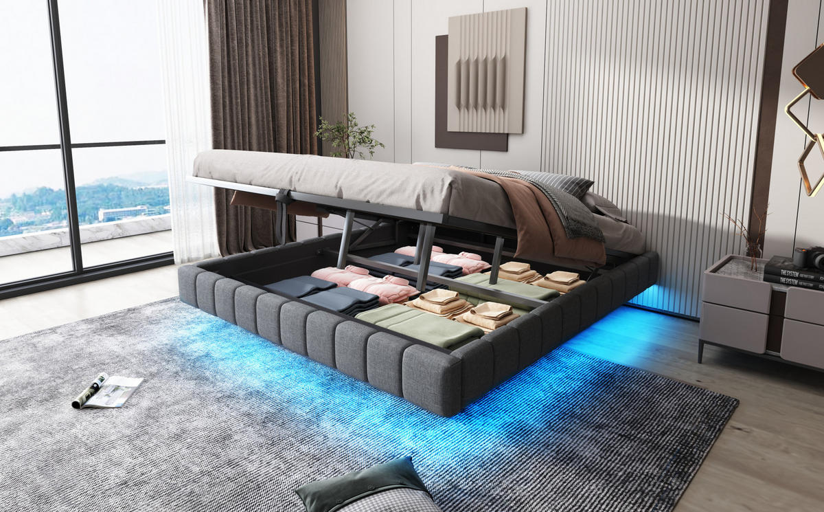POLSTERBETT 180/200 cm grau aus Leinen mit LED und Stauraum - Grau, Textil (180/200cm) - OKMYHOME