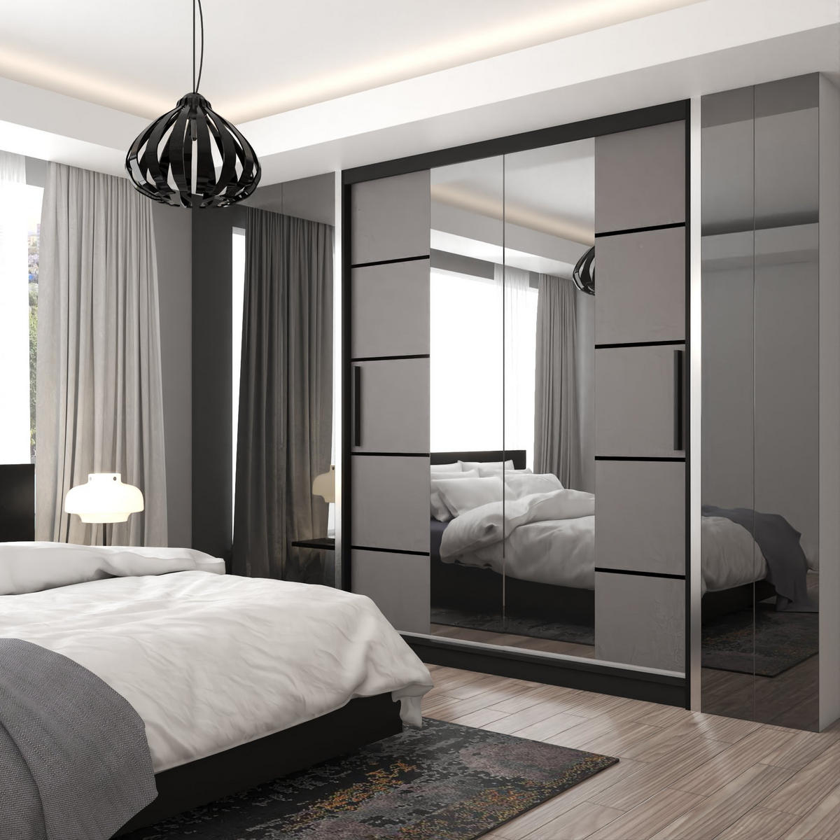 SCHWEBETÜRENSCHRANK Verona ME, Schwarz/Grau Matt, 158 cm, mit Spiegel - Grau, Holz (158/216/60cm) - B BELINI GROUP