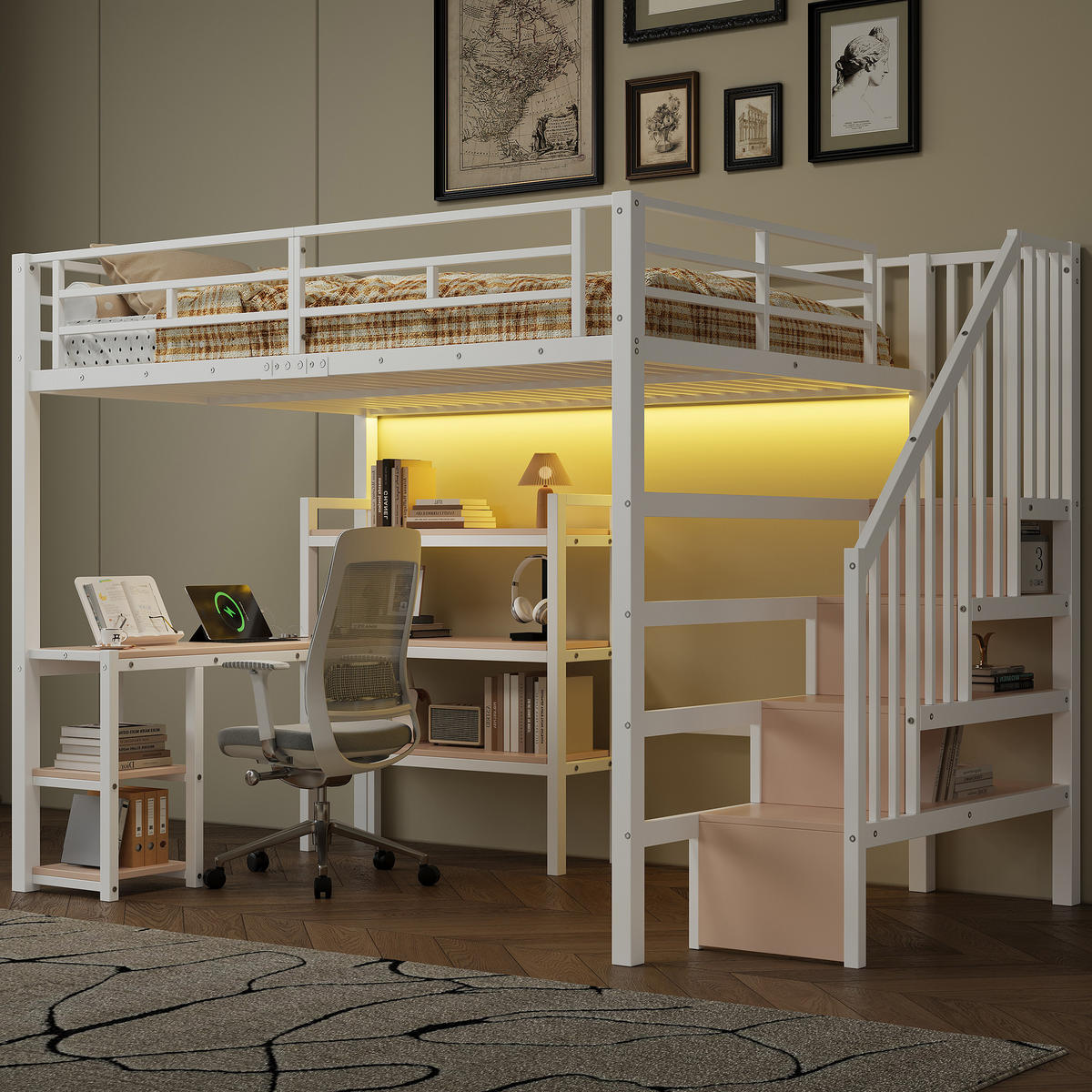 HOCHBETT 140/200 cm in Weiß mit Treppe, Schreibtisch, Regal, LED und USB - Weiß, Holzwerkstoff/Metall (140/200cm) - STILVORA