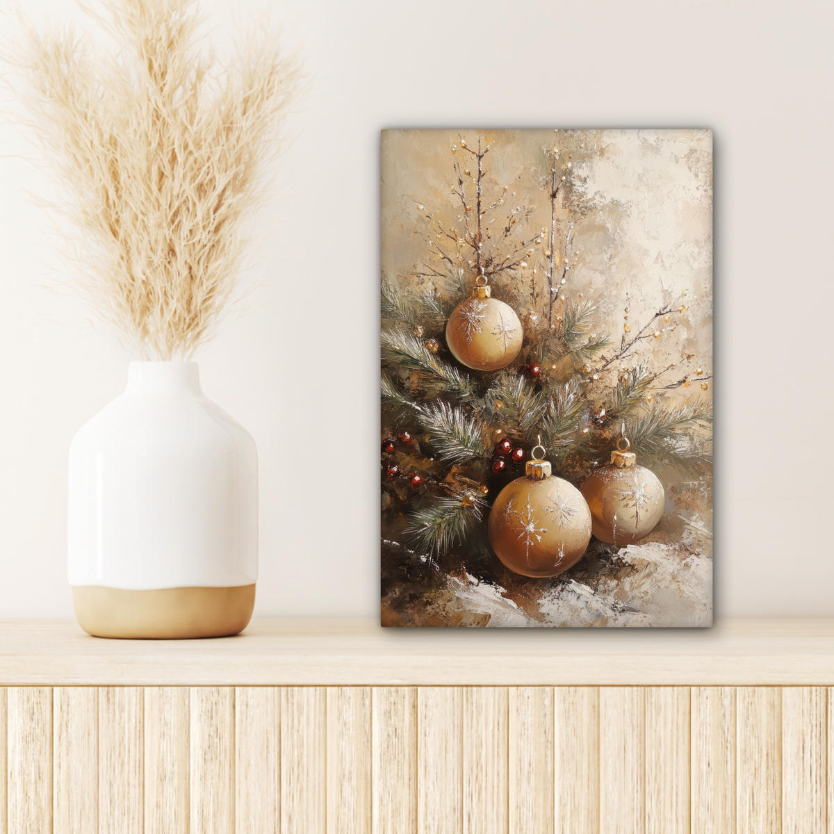 LEINWANDBILD Weihnachten - Kugeln - Beige - Gold Deko Wohnzimmer 20x30 cm - Goldfarben, Textil (20/30cm) - MuchoWow