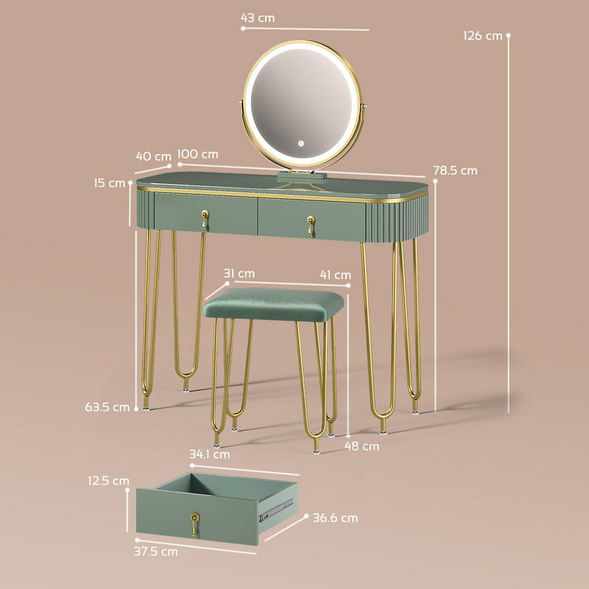 SCHMINKTISCH Isonca Grün mit LED Beleuchtung und Hocker - Grün, Holzwerkstoff (100/126/40cm) - Livinity®