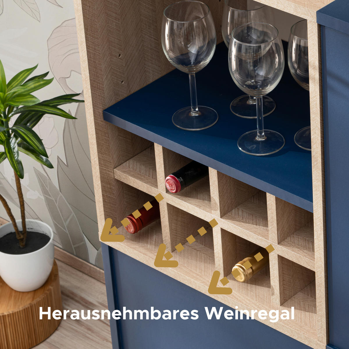 SIDEBOARD MIT WEINSCHRANK FONDI, Blau, Skandinavische Tanne - Blau/Hellbraun, Holzwerkstoff/Metall (89.9/102/35cm) - Komodee