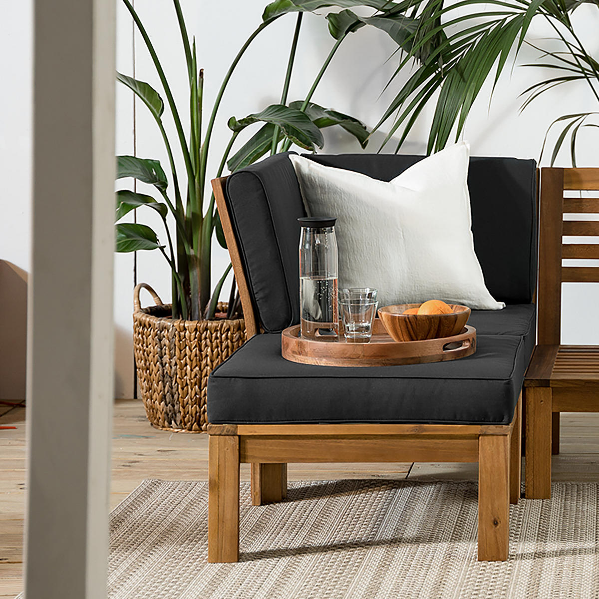 LOUNGEECKE - Webstoff / Akazie massiv - Anthrazit, Holz/Textil (71/73/71cm) - home24