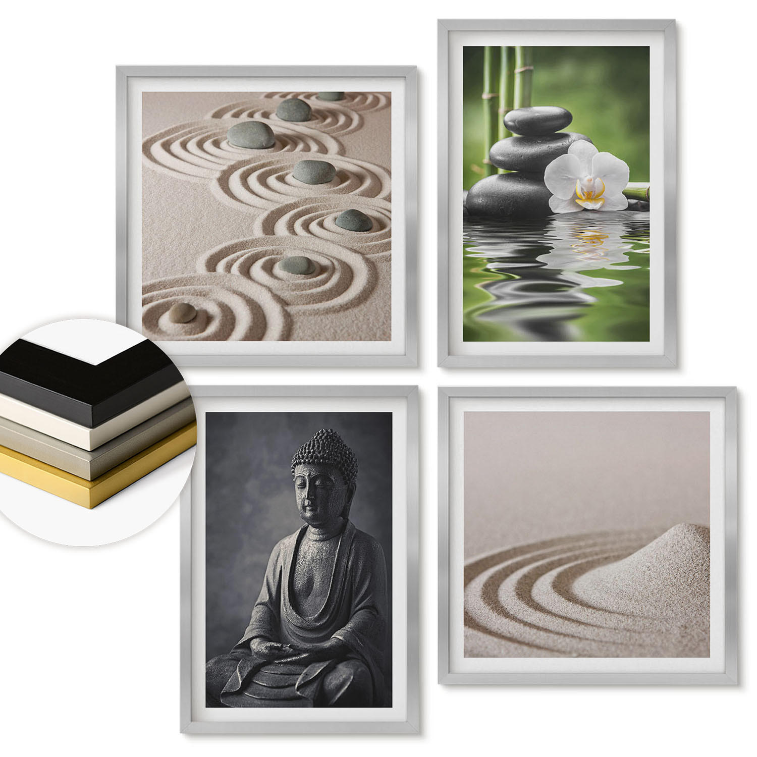WANDBILDER 4er Set - 50x50 cm & 40x60 cm Silberner Rahmen - Ein entspannter Buddha am Strand - Silberfarben, Kunststoff (50/50cm) - ArtPrintCave
