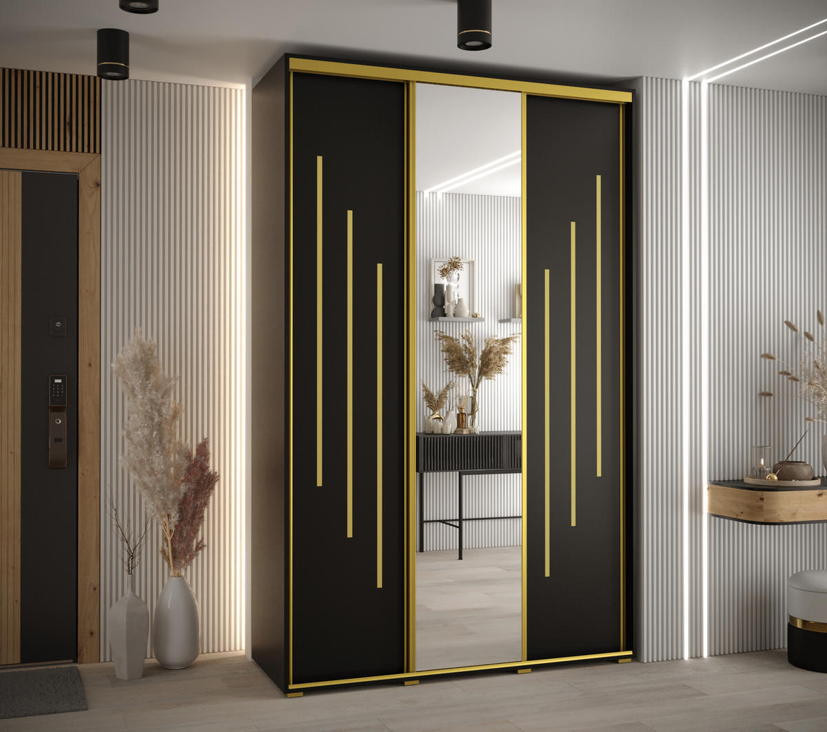 SCHWEBETÜRENSCHRANK 235,2/150/60 3-türig - Goldfarben/Schwarz, Holz/Metall (150/235/60cm) - Abiks Möbel