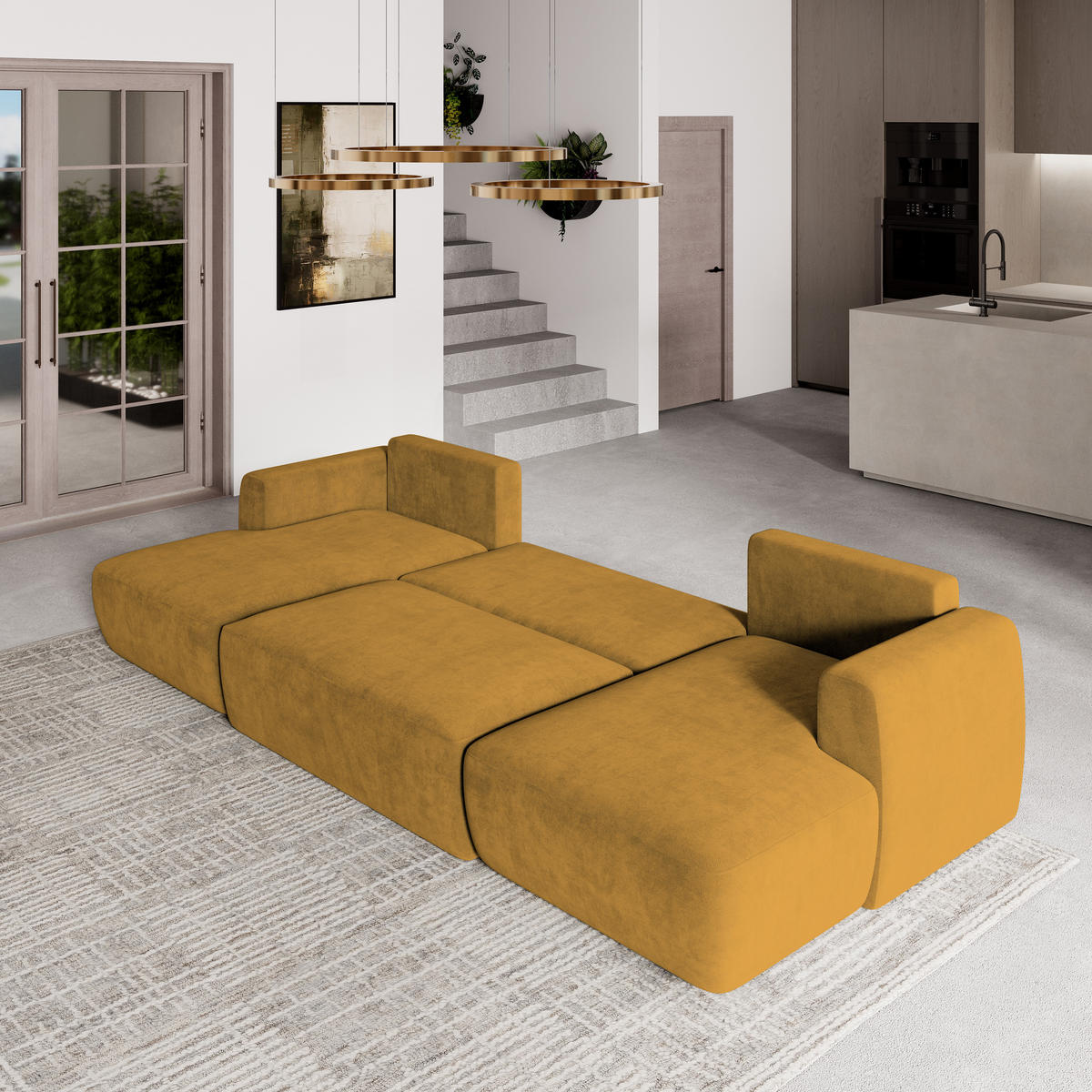 WOHNLANDSCHAFT SENTUM K Gelb Plüsch-Stoff mit Schlaffunktion - Gelb, Holz (330/90/148cm) - MASSENO