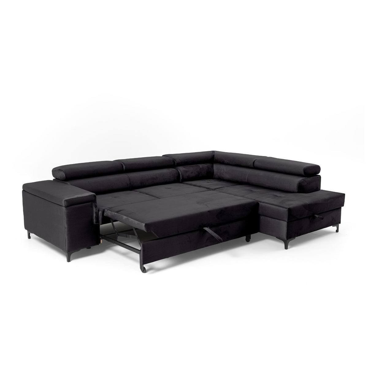 ECKSOFA WILLIAM L Rechts mit Schlaffunktion 127x195 Velours Schwarz - Silberfarben/Schwarz, Holz/Textil (203/275cm) - Muffo