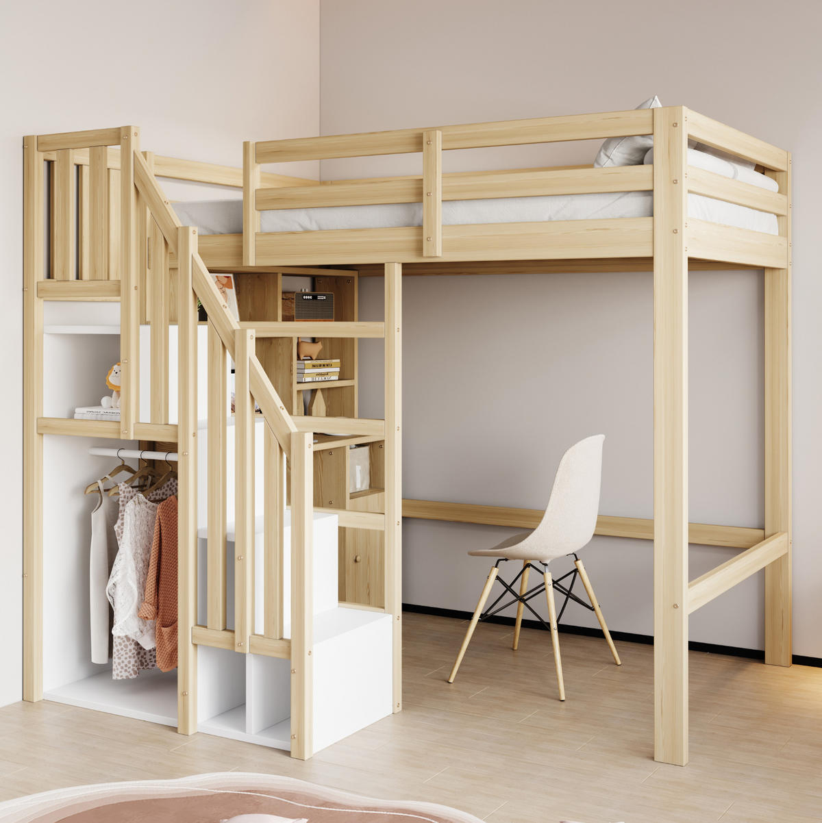 HOCHBETT 90/200 cm in Naturholz – mit Schreibtisch, Stauraumtreppe und Regalen - Naturfarben, Holzwerkstoff (90/200cm) - BEAOK