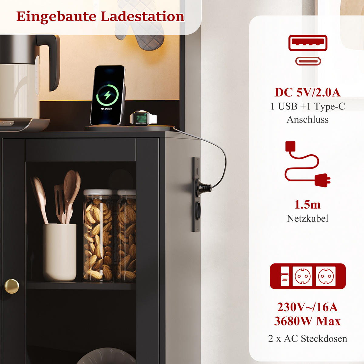 BUFFET DE-38726 120/40/170 cm LED-Beleuchtung und 3 Schubladen Schwarz/Gold - Schwarz, Holzwerkstoff (120/170/40cm) - ComfortXL