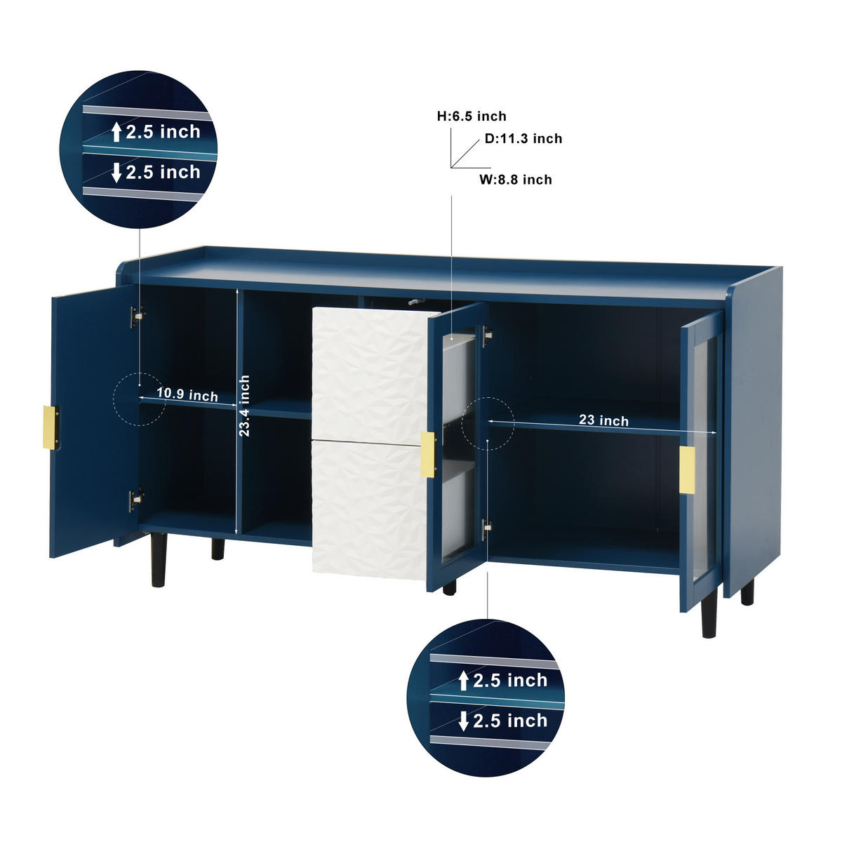 SIDEBOARD mit Glastüren, 2 Schubladen und offenen Fächern, vielseitiger Stauraum, Blau - Blau, Holzwerkstoff (150/80/40cm) - Redom