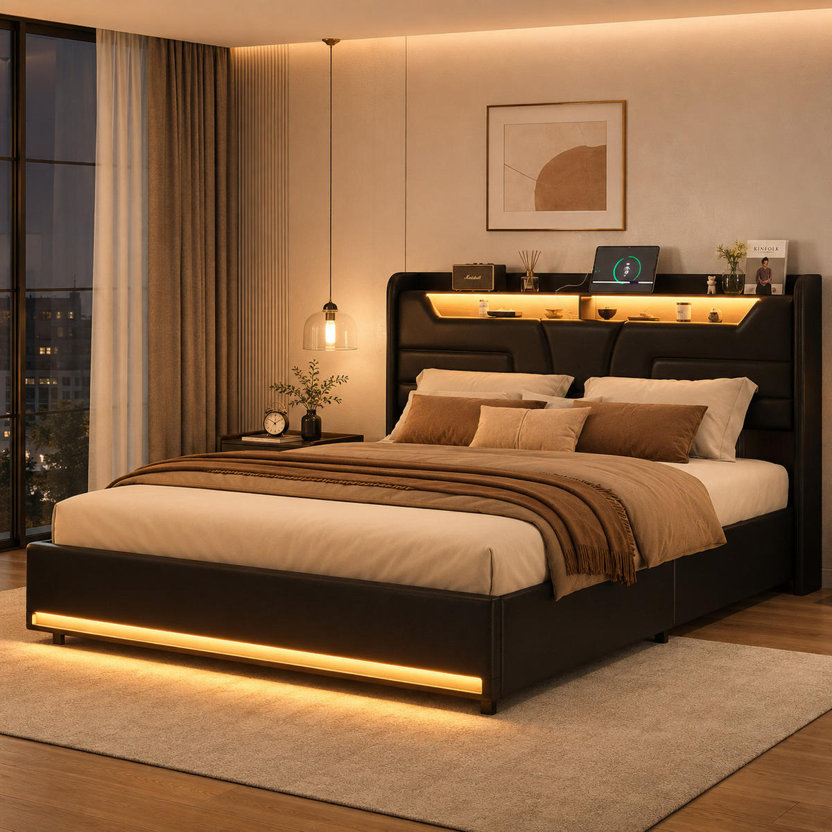 DOPPELBETT 140x200 cm Bettgestell mit Stauraum LED-Beleuchtung - Schwarz, Holz (140/200cm) - PARAFTA HOME