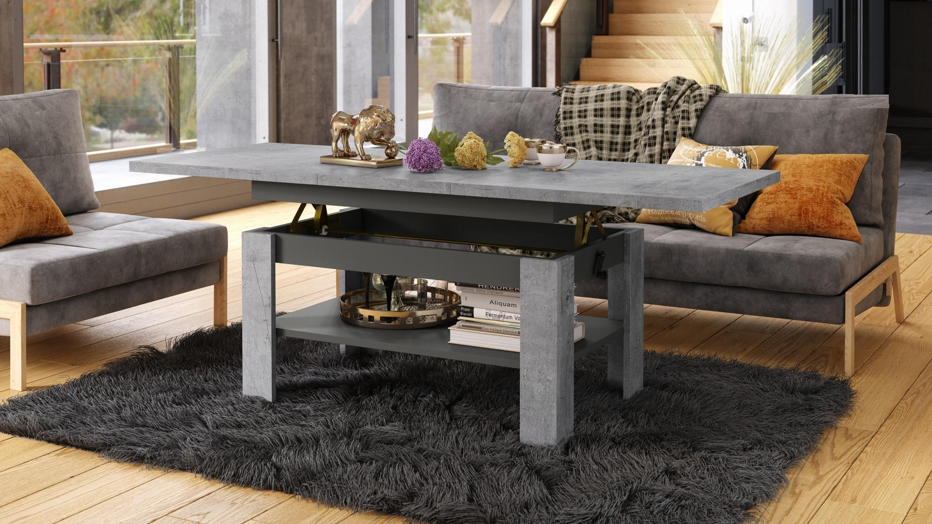 COUCHTISCH rechteckig Beton - Anthrazit ausziehbar höhenverstellbar - Anthrazit/Hellgrau, Holzwerkstoff (65/130/58cm) - designimpex