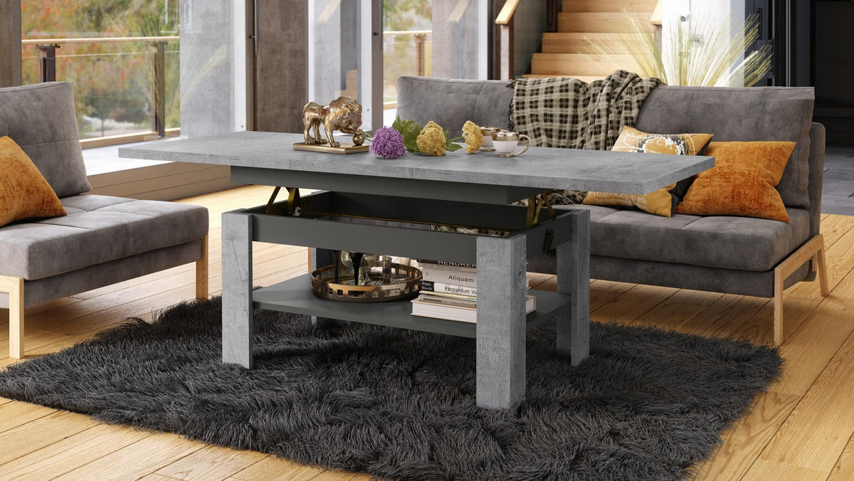COUCHTISCH rechteckig Beton - Anthrazit ausziehbar höhenverstellbar - Anthrazit/Hellgrau, Holzwerkstoff (65/130/58cm) - designimpex