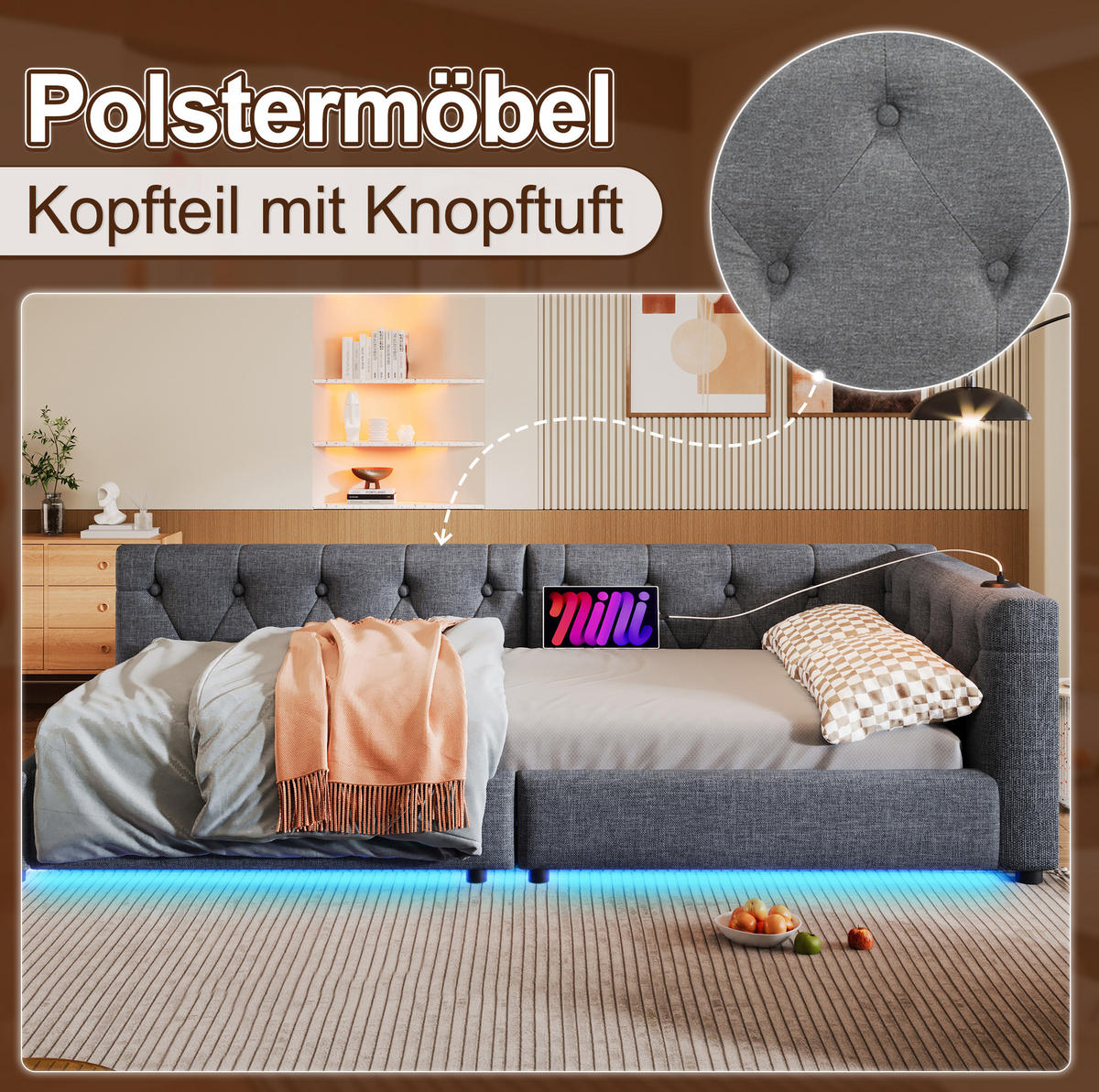 POLSTERBETT aus Leinen und MDF 90x200 cm Grau mit LED-Beleuchtung, USB- und Type-C-Anschluss, Lattenrost - Grau, Textil (90/200cm) - Modfu