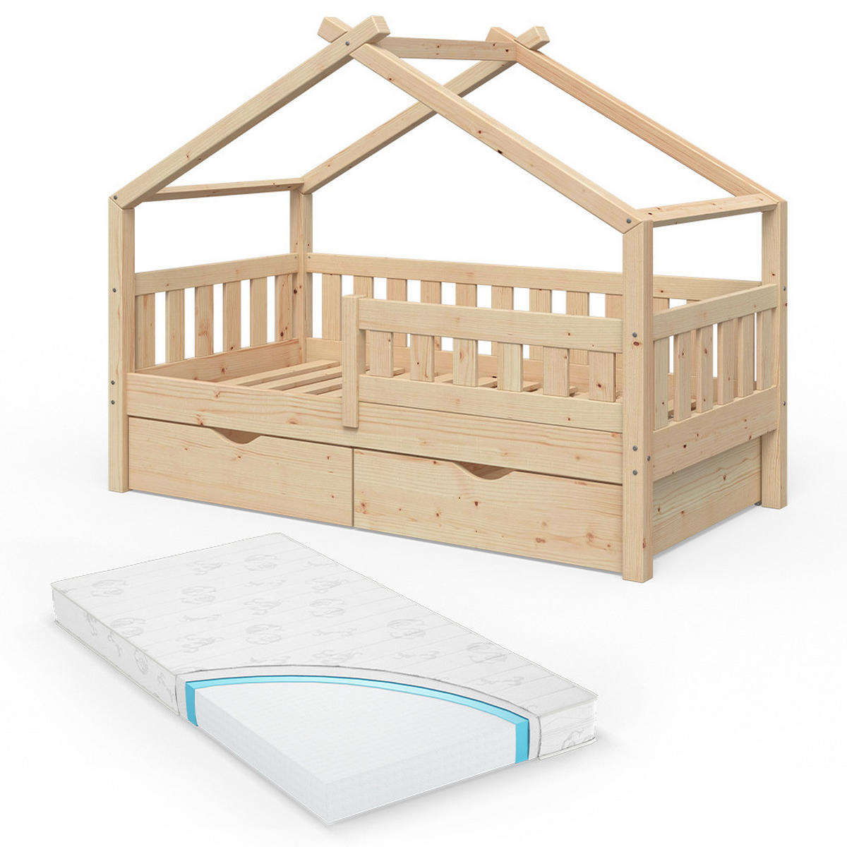 HAUSBETT Design Naturholz 80x160 cm mit 2 Schubladen und Matratze - Braun, Holz (80/160cm) - VitaliSpa