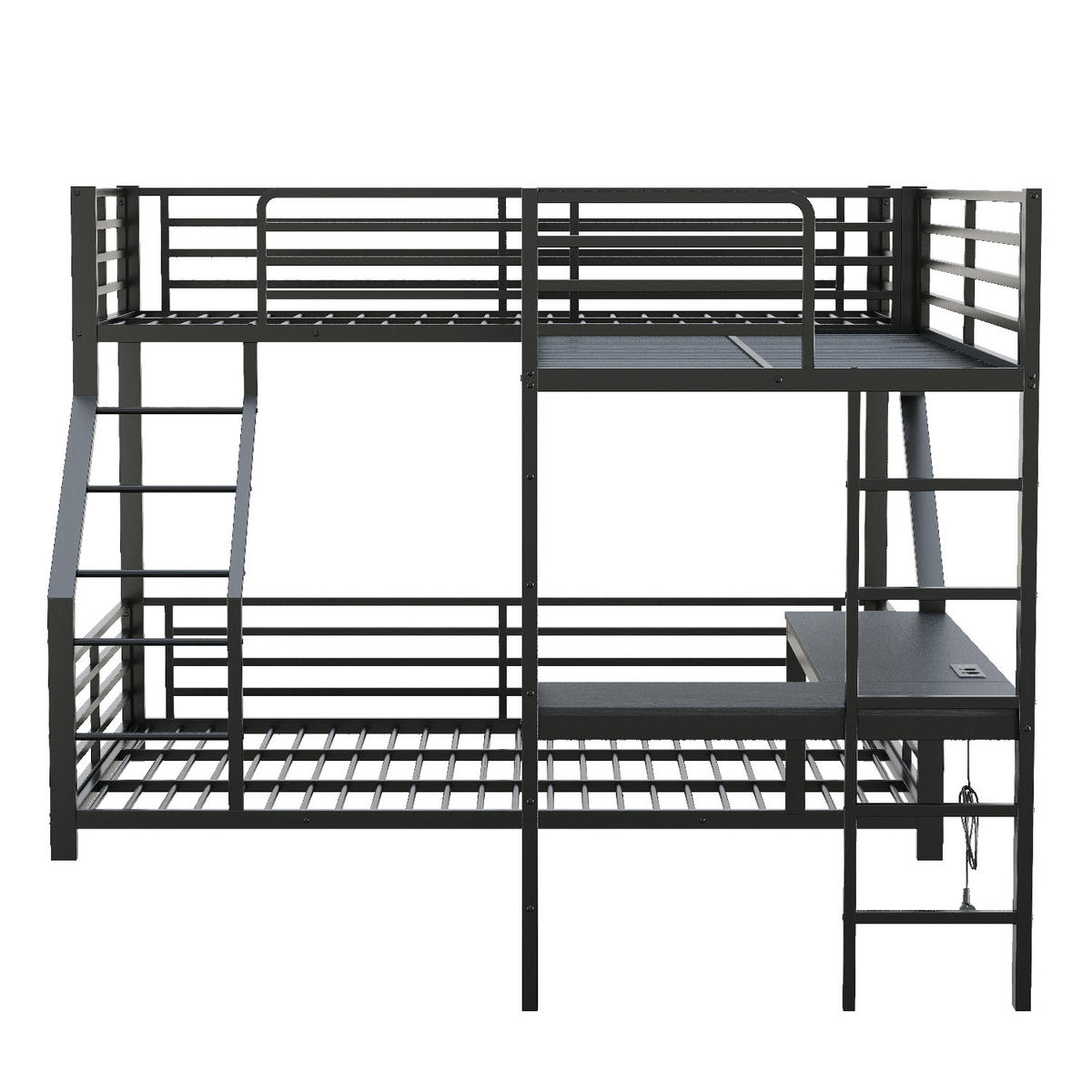 ETAGENBETT 90/200 cm Schwarz mit Schreibtisch, USB- und Type-C-Schnittstelle - Schwarz, Metall (90/200cm) - Oxeza