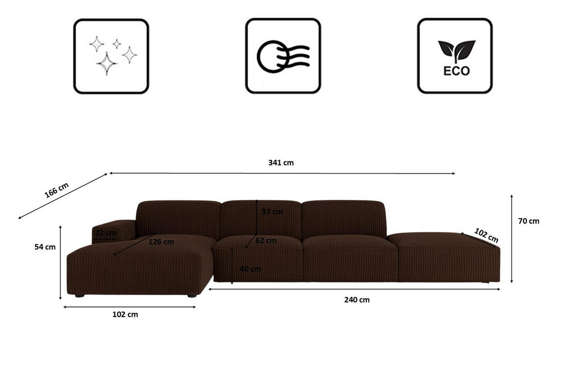 ECKSOFA Cursal L-Form, Stoff Poso, Braun + Hocker, Links - Braun, Holz (341/166cm) - Kaiser Möbel