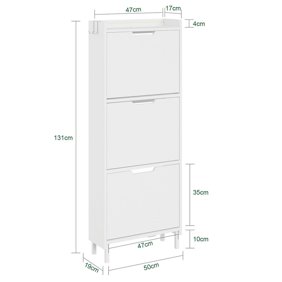 SCHUHSCHRANK 3 Türen Weiß 50x19x131cm Modern - Weiß, Holzwerkstoff (19/131/50cm) - SoBuy