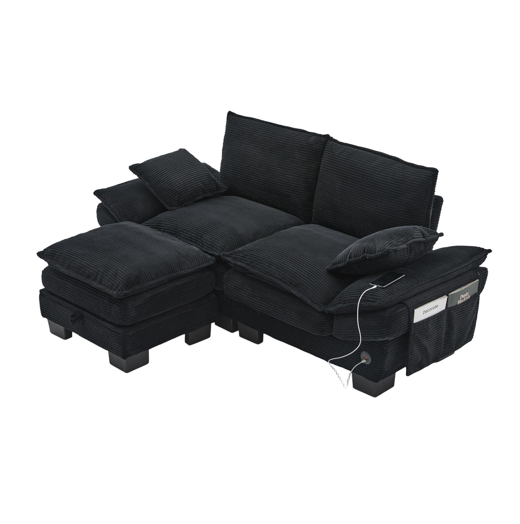ECKSOFA aus Corduroy 190x132x84 cm in Schwarz mit Hocker & USB-C - Schwarz, Textil (132/190cm) - Modfu