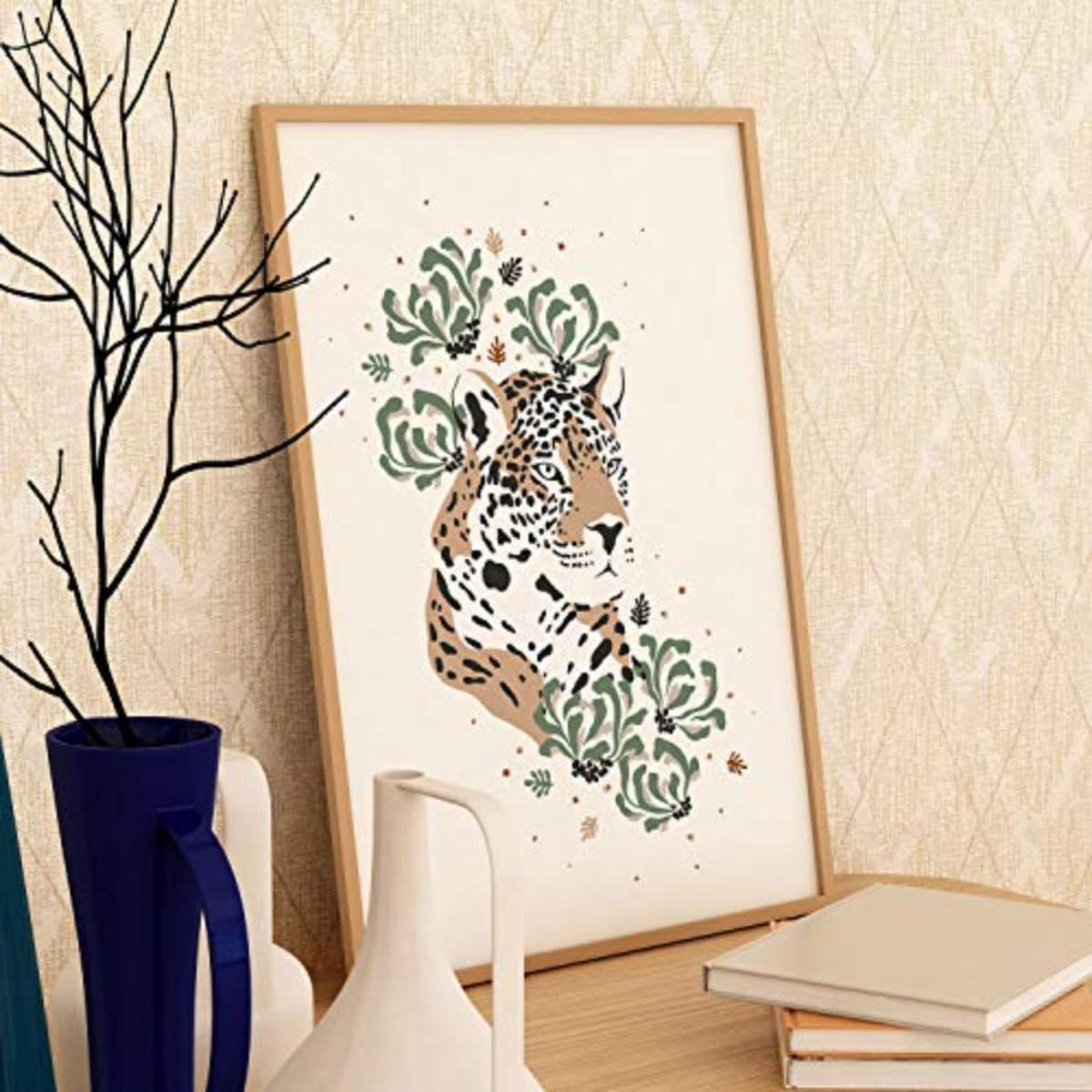 POSTER Set mit 4 tiere Tiger Leopard Tiere, Blumen und Pflanzen des Dschungels A3 Schwarzer Rahmen - Schwarz, Papier (29.7/3cm) - Nacnic