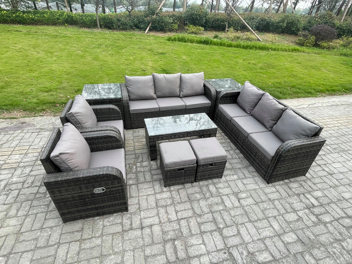 GARTENSOFA SET mit rechteckigem COUCHTISCH Polyrattan 10-Sitzer Dunkelgrau - Dunkelgrau/Grau, Glas/Kunststoff - Fimous