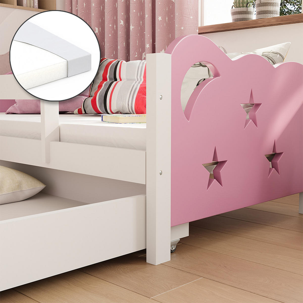KINDERBETT Jessica Rosa/Weiß 80x160 cm mit Schublade und Matratze - Pink/Weiß, Holzwerkstoff (166/53/86cm) - VitaliSpa