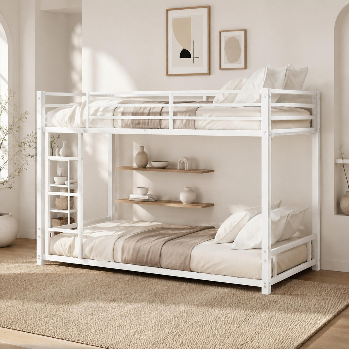 ETAGENBETT 90/190 mit 3-stufiger Leiter, Schutzgeländer und Metalllatten - Weiß, Holzwerkstoff (90/190cm) - EVRYAE