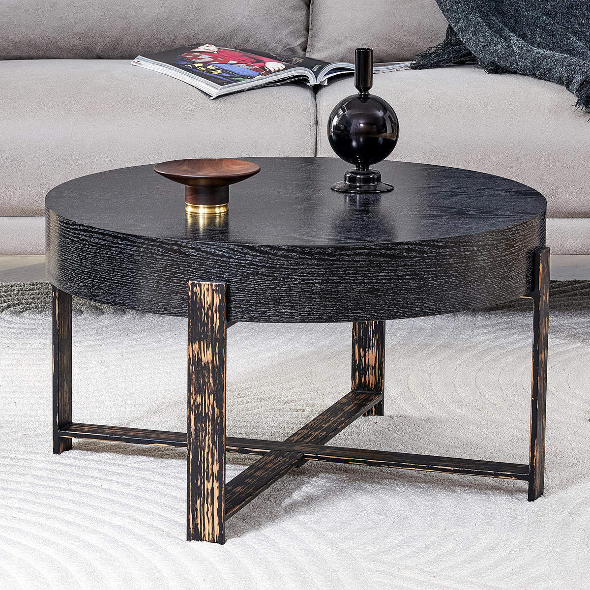 BEISTELLTISCH aus MDF und Metall 68x68x39 cm Schwarz mit Kreuzgestell und rutschfesten Füßen - Schwarz, Holzwerkstoff (68/68/39cm) - Modfu