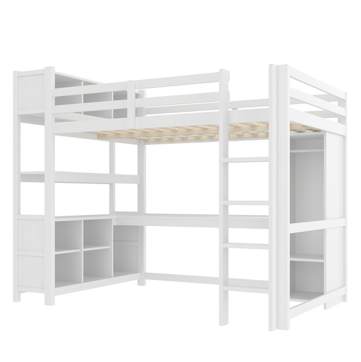 HOCHBETT 140/200 cm in Weiß mit Schreibtisch und Kleiderschrank - Weiß, Holz (140/200cm) - Flora Grace
