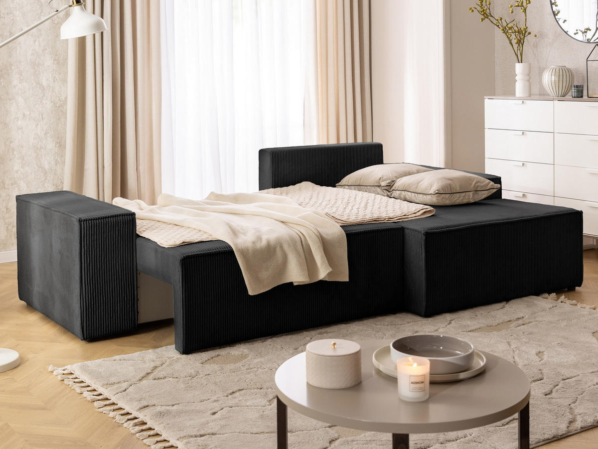 ECKSOFA Rivio mit Schlaffunktion und Bettkasten, Cordstoff Schwarz - Schwarz, Holz/Kunststoff (262/149cm) - S-Style