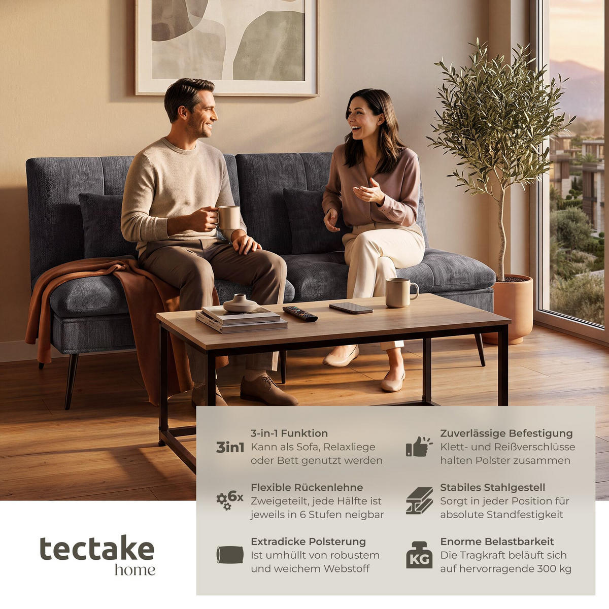 SCHLAFSOFA Tokio, Belastbarkeit 300 kg, 175 x 66 x 87 cm, grau - Grau, Kunststoff/Textil (108/45/175cm) - tectake