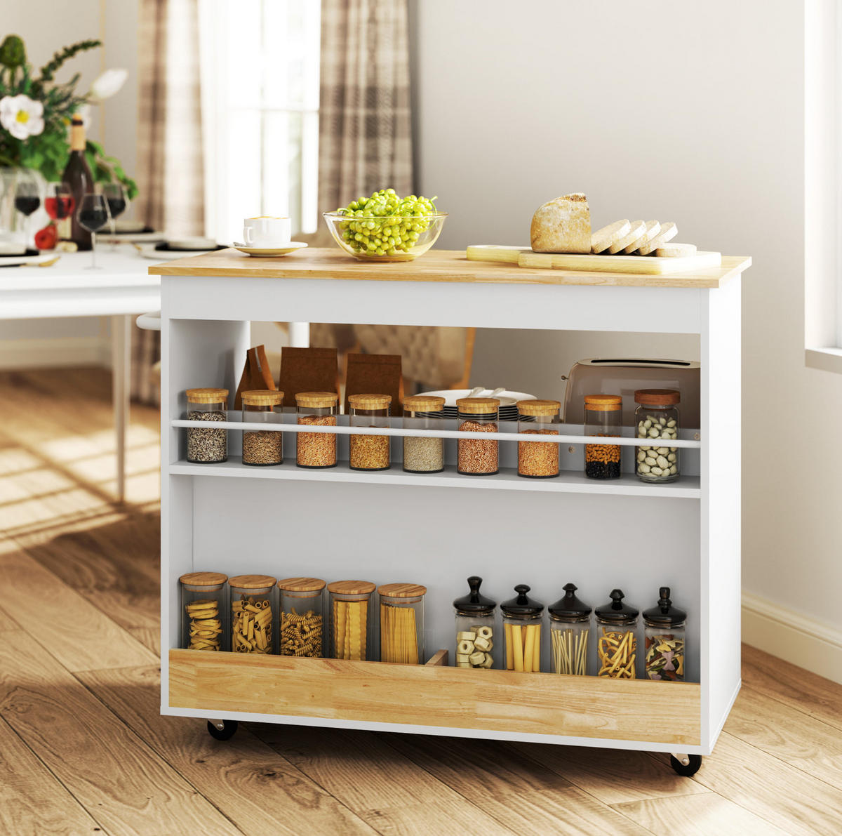 KÜCHENINSEL 107/50/85 cm mit Kautschukholz-Arbeitsplatte, Schubladen, Schrank und Rollen, Eiche - Eichefarben, Holz (107/85/50cm) - Redom
