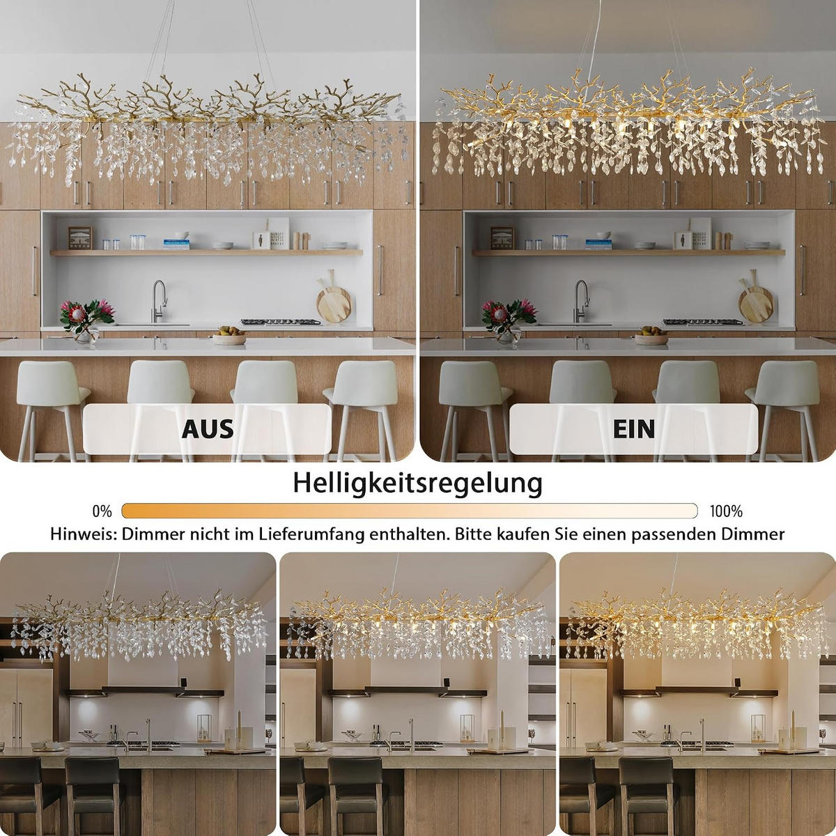 KRONLEUCHTER Rechteck 180 cm K9‑Kristall Baumzweig Gold für Esszimmer und Kücheninsel - Gelb, Naturmaterialien (130/38.5/32cm) - Surtime