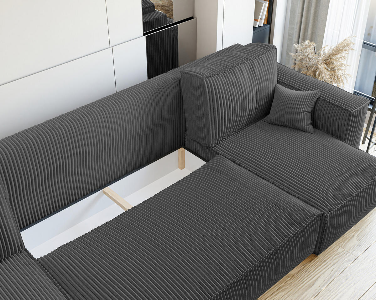 ECKSOFA mit Schlaffunktion und Bettkasten, Dunkelgrau - Dunkelgrau/Grau, Holzwerkstoff/Textil (312/145cm) - Idohome