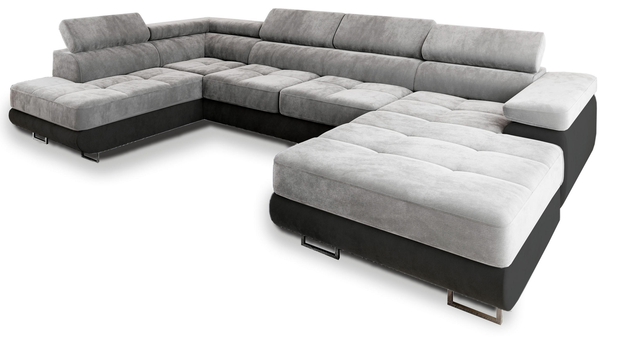 WOHNLANDSCHAFT CASONE L-S Hellgrau Velours-Stoff mit Schlaffunktion - Hellgrau, Holz (345/90/202cm) - MASSENO