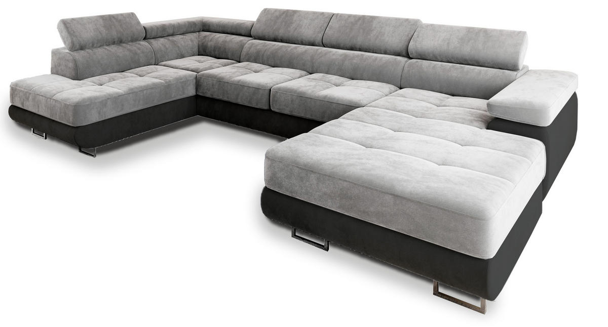 WOHNLANDSCHAFT CASONE L-S Hellgrau Velours-Stoff mit Schlaffunktion - Hellgrau, Holz (345/90/202cm) - MASSENO